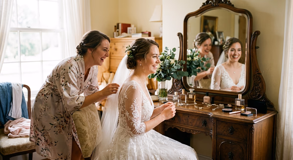 Braut beim Fertigmachen am Fenster