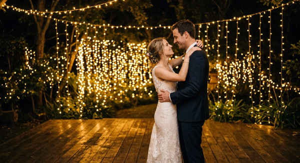 Paar tanzt allein unter Lichterketten am Abend