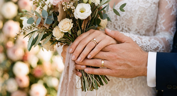 Hände mit Ringen und Blumendetail