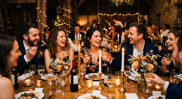 Hochzeitsgesellschaft feiert und lacht