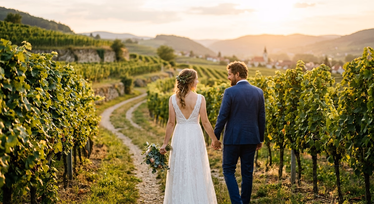 Brautpaar im Weinberg bei Sonnenuntergang