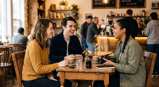 Lockeres Gespräch in einem Café zwischen Paar und Fotograf