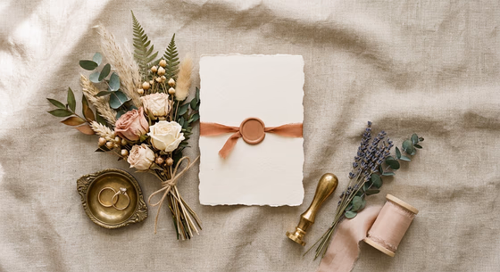 Hochzeitsdetails: Einladung, Ringe und Blumen auf einem Tisch