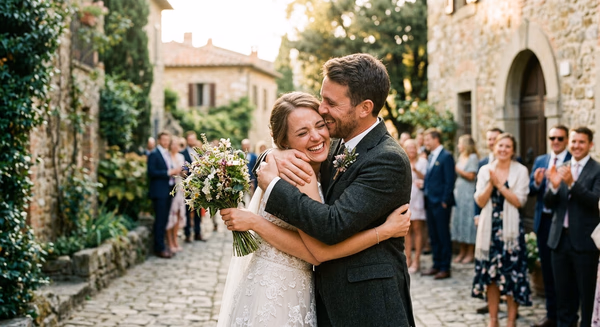 Echte Umarmung eines Brautpaares — ungekünstelt und voller Gefühl